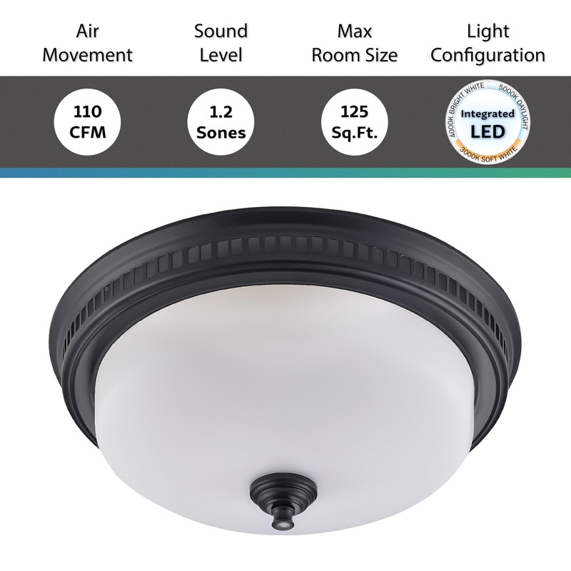 Decorative Round Matte Black 110CFM Bath Fan w/Integrated LED Light