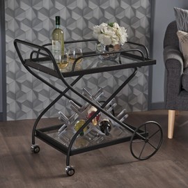 Christopher Knight Home Perley Indoor Traditional Iron Bar Cart with Tempered Glass Shelves, Black