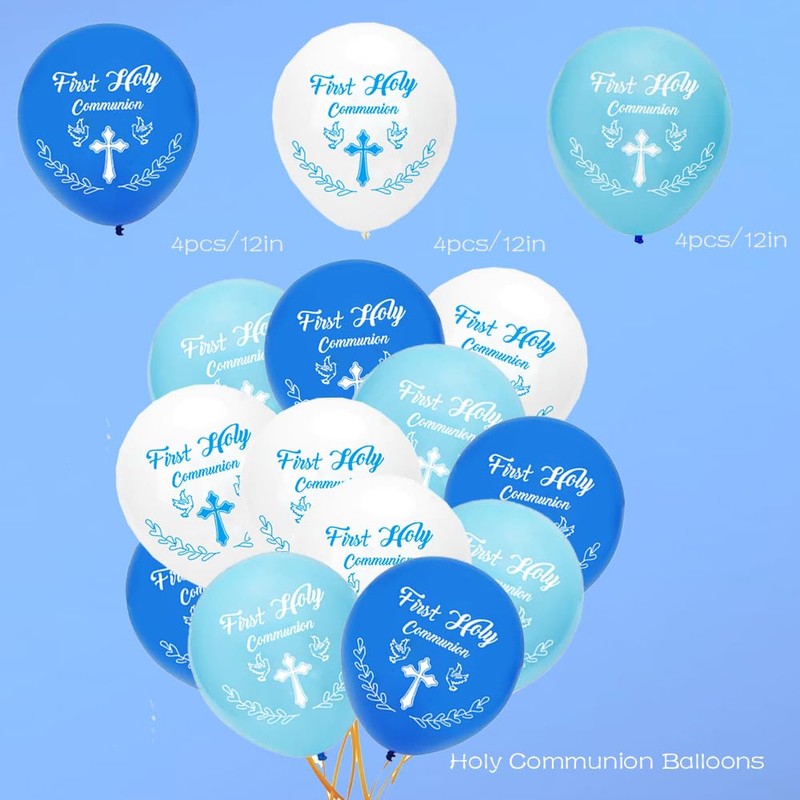 Volsha Blue First Communion Decorations: Boy Pennant & 12 Balloons