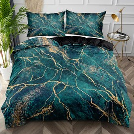 Luowei Marble Bed Linen 135 x 200 cm 3D Golden Green Pattern Bed Linen Set Microfibre Luxury Modern Duvet Cover and 1 Pillowcase 80 x 80 cm with Zip