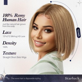 starluck SilkHug HD Lace Front Wigs Human Hair Glueless Pre-plucked Pre-cut Bob Real Human Hair Ash Blonde-P4/8/16 Wigs for Women Middle Part 12" Lenght Straight Wig 150% Density 13"×4"×2.5"