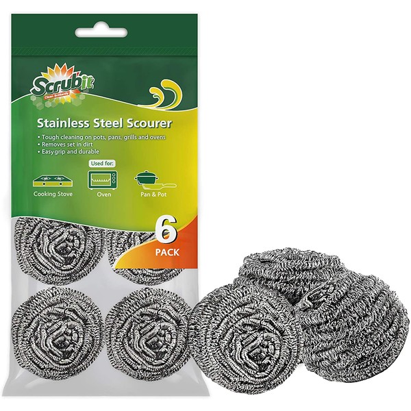 SCRUBIT 6 Pack Stainless Steel Scourers – Steel Wool Scrubber Pad Used for Dishes, Pots, Pans, and Ovens. Easy scouring for Tough Kitchen Cleaning.