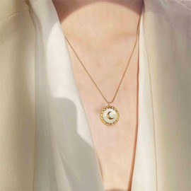Iaceble Bohemia Mother Of Pearl Coin Necklace Moon Coin Choker Necklace Gold Crescent Pendant Necklace Round Disc Necklace Jewelry for Women