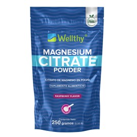 Wellthy Citrato de Magnesio en Polvo Sabor Raspberry 250g Equivalente a 417mg de Magnesio por Scoop. 25 Porciones por Envase, Scoop Incluído, Flavorless, Bottle Free.
