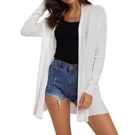 Sykooria Ladies White Cardigan Summer Jacket Long Sleeve Lightweight Open Front Waterfall Boyfriend Cardigans Sweater Blouse Top Size 6-20