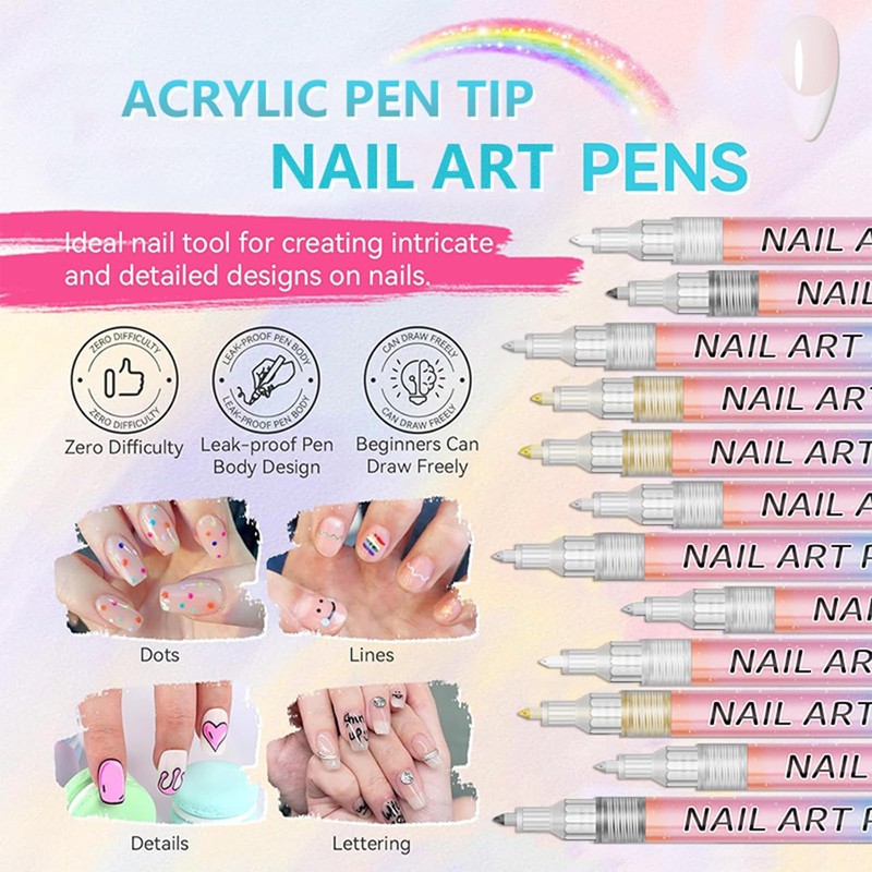 Hinourisha 12 Penne Per Nail Art Punta, 0.7mm fine tip