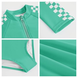 Girls One-Piece Swimsuits Plaid Long Sleeve Beachwear Zip Rash Guard Swimwears, Green, 13-14 Years
