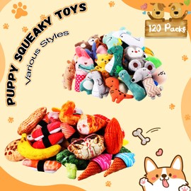 Libima 120 Pack Small Squeaky Dog Toys Bulk for Puppy Small Dogs Pets Cute Plush Stuffed Dog Toys Bundle Soft Pet Toys for Chewing and Teething, 120 Styles