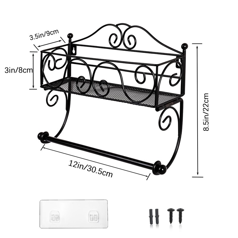 Adhesive Paper Towel Holder with Shelf, Wall Mount, 12in Black