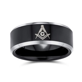 Laser Etched Square & Compass Freemason Masonic Black Titanium Band Ring for Men Comfort Fit 8MM