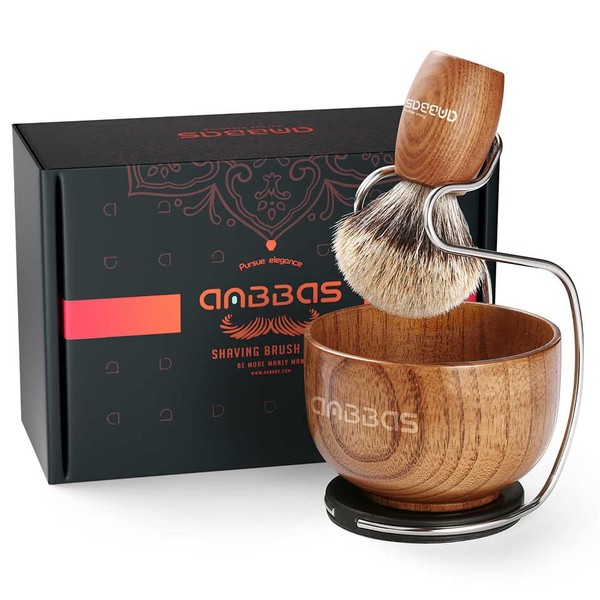 Anbbas Shaving Set, Pure Badger Hair Shaving Brush Wood Handle and Large Soap Bowl with Stainless Steel Shaving Stand 3IN1 Kit for Men