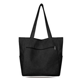 Kememo Corduroy Tote Bag for Women with Zipper, Large Shoulder Bag Hobo Handbag Tote Purse for Work Shopping Travel Gym Vacation, Black