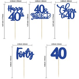 Paquete de 30 adornos para magdalenas de feliz cumpleaños 40 cumpleaños, color azul oscuro con purpurina de cuarenta vítores a 40 años de edad, para decoraciones de pasteles de feliz cumpleaños 40