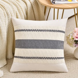 Fancy Homi Set of 1 Neutral Grey Farmhouse Decorative Throw Pillow Covers 16x16 Inch for Couch Bed Chair Indoors, Vintage Country Rustic Retro Room Decor, Soft Thick Cotton Handmade Woven Cushion Case