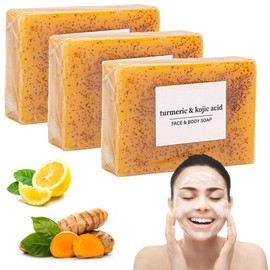 3PCS Turmeric Soap Bar, Natural Turmeric and Kojic Acid Soap for Smooth Skin, Exfoliating Bar for Face & Body