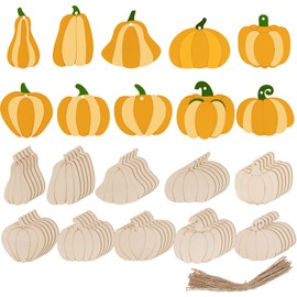 50 Pcs Unfinished Wooden Pumpkin Cutouts for Thanksgiving DIY Crafts - Hanging Ornaments Wood Tags With Holes Ropes for Fall Harvest Party Decoration Supplies