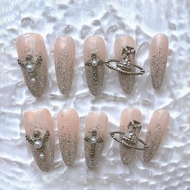 Handmade Press-On Nails with Hand-Painted Cross Design and a Shiny Finish in Medium Almond Shape, Reusable Hand-Painted Nails, Including Tool Kit, 10 Pieces (SHN023-M, M)