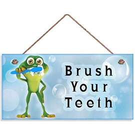 Brush Your Teeth Wood Sign Kids Bathroom Reminder Sign Wall Plaque Frog Brushing Teeth Bubbles 12x6inches(1068qq)