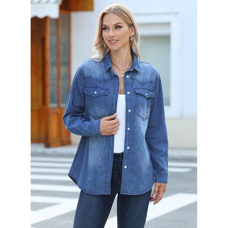 luvamia Long Denim Jacket for Women Lightweight Trendy Jean Button