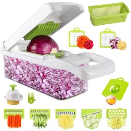 KAMYSEN Picadora de verduras, picadora de verduras multifuncional，con 6 cuchillas de acero inoxidable, cortador de verduras 14 en 1 con contenedor, picadora, picadora de cebollas, picadora manual de verduras para ajos, brócoli, zanahorias, patatas, tomat
