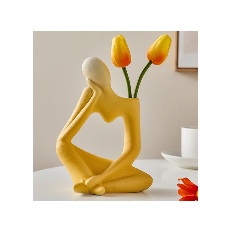 Abstract Thinker Vase Yellow Ceramic Flower Vase 20cm Tall Modern
