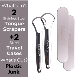 Stainless Steel Tongue Scraper (2-Pack w/ 2 Steel Travel Cases Included), Tongue Cleaners Reduce Bad Breath, 100% Metal Tongue Scrapers with Metal Cases (Plastic-Free)