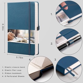 EMSHOI Thick Lined Journal Notebook, A5 Hardcover Leather Journal with 384 Numbered Pages for Writing,100gsm Lined Paper, for Women Men Work Office School,14.5 x 21cm - Black LightBlue