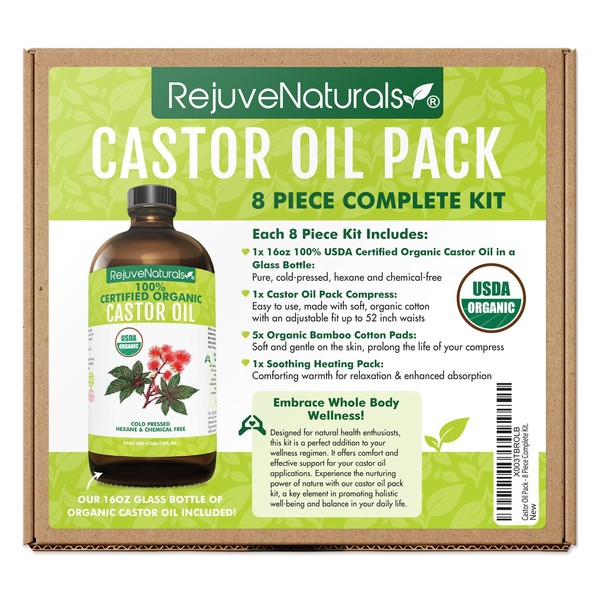 Castor Oil Pack - 8 Piece Complete Kit. Includes 16oz