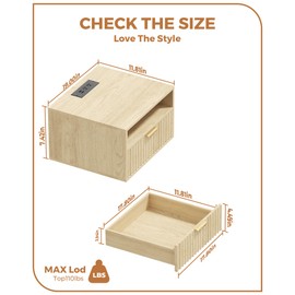 Floating Nightstand Set of 2 - Fluted Night Stand with Charging Station Wood Wall Mounted Nightstand with Drawer & Open Shelf, Modern Bedside Table Large End Table for Bedroom Closet