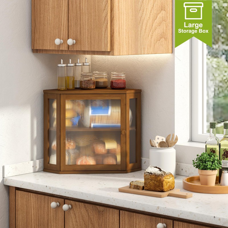 BMOSU Corner Bread Box for Kitchen Countertop Double Layer Bamboo