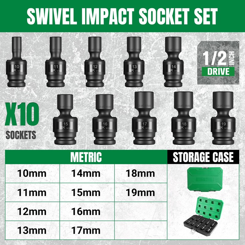 SK 1/2" Drive Universal Swivel Impact Socket Set, Metric Socket