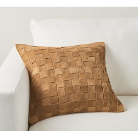 Genuine Lamb Leather Cushion Pillow Cover - Luxury Leather Pillow Case - Modern, Boho, Farmhouse Home Decor - Bedroom Couch, Living Room, Sofa Bed (Basketweave - Camel, 22" x 22")