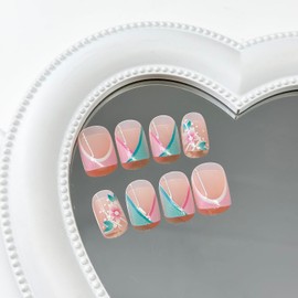 Short Square Press on Nails French Tip Fake Nails Nude Pink Full Cover Pink Blue Flower False Nails with Designs Glossy Glue on Nails Spring Summer Acrylic Artificial Nails for Women Girls 24Pcs