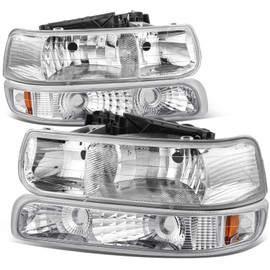 Auto Dynasty Headlights Assembly Compatible with 1999-2006 Chevy Silverado Suburban Tahoe, 4Pcs Driver and Passenger Side Halogen Headlamps Replacement w/Bumper Lamps, Chrome Housing Amber Corner