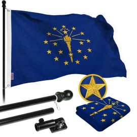 UD_G128 Combo Pack: 6 Ft Tangle Free Spinning Flagpole (Black) & Indiana Flag 3x5 Ft Embroidered 220GSM Spun Polyester, Brass Gr