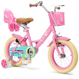 Glaf Girls Bike with Training Wheels and Basket Kids Bike for Girls Boys Age 2-12 Years Toddlers Bicycle with Bell Adjustable Seat Handlebar (16 Inch with Training Wheels and Kickstand, Flower Pink)