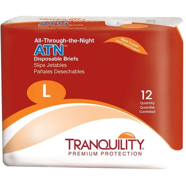 Tranquility ATN Adult Disposable Briefs with All-Through-The-Night Protection, L (45"-58") - 12 ct