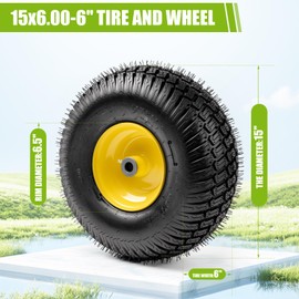 Hsupawa 2PCS 15x6.00-6 Lawn Mower Tires, 4 Ply Tubeless 15x6-6 Front Tire Assembly Replacement for Craftsman/John Deere/Cub Cadet Riding Mowers, 3" Offset Hub with 3/4" or 5/8" Bushings