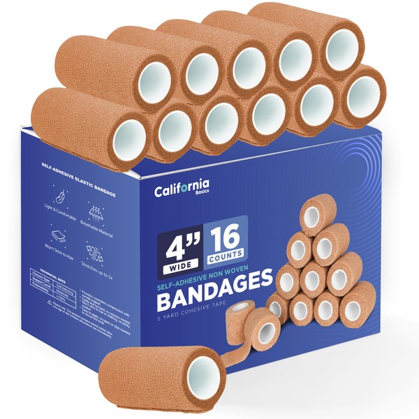 California Basics Self-Adhesive Bandage Wrap - Cohesive Athletic Tape for Sports - Suitable for Wrists - Knee - Ankle and Hand Medical Wrap - Pack of 16 - Vet Wrap - Self Adhesive Bandage Wrap