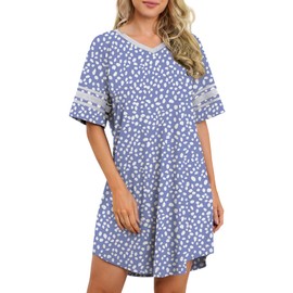 WEACZZY Nightgowns for Women Soft Short Sleeve Sleepwear Comfy V Neck Casual NightShirts Loungewear,Spotted Blue,M