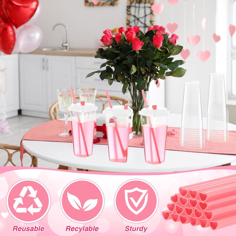Potchen 60 Set Heart Shaped Plastic Cups with Straws 16