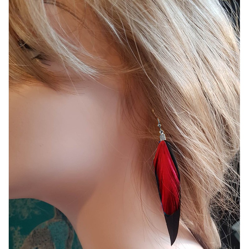 Black Feather Earrings with Red Feather - Handmade