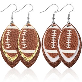 AUGSUN 2 Pairs Football Faux Leather Earrings for Women Football Dangle Earrings Glitter Football Sports Lover Earrings Lightweight Leaf Long Dangle Earrings Teardrop Earrings
