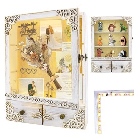 KWYADLUO 11x16 Shadow Box Frame with Light, Wedding Memorial Display Case with Shelves, Drawer and Slot for Keepsakes Large Deep Shadow Box for Flowers,Wedding Gift, White