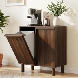 Smuxee Double Tilt Out Laundry Hamper Cabinet, Walnut Hidden Laundry Cabinet with Double Baskets, Trash Can with Modern Wooden Handle for Bathroom, Kitchen