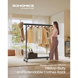 SONGMICS Clothes Rack with Wheels, Heavy-Duty Clothing Rack for Hanging Clothes, Portable, 17.7 x (36.2-52) x 63.6 Inches, with Extendable Rail, 220 lb Load Capacity, Black UHSR13BKV1