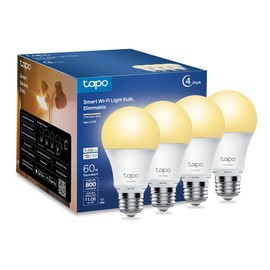 Tapo TP-Link Smart Light Bulbs, 800 Lumens (60W Equivalent), 2700K Soft Warm White LED Bulb, Dimmable, Compatible with Alexa and Google Home, No Hub Required, A19 E26, L510E (4-Pack)