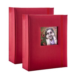 Kenro Box of 2 Red Linen Minimax Photo Album for 100 Photos 6x4 Inch / 10x15cm with Space for Photograph on Front Cover, Slip-In Pages, Modern Design Great for Family Photographs, Aztec Series -