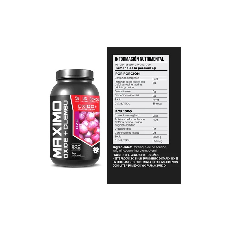 Óxido Clembu Maximo Protein Pre Entreno 1kg 200 Servs