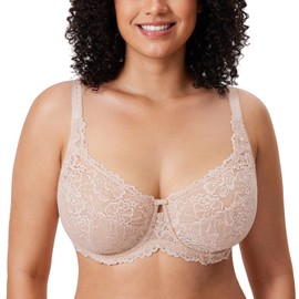 DELIMIRA Women's Plus Size Minimizer Bras Full Coverage Lace Unlined Underwire Bra B-K Cups Beige 34J